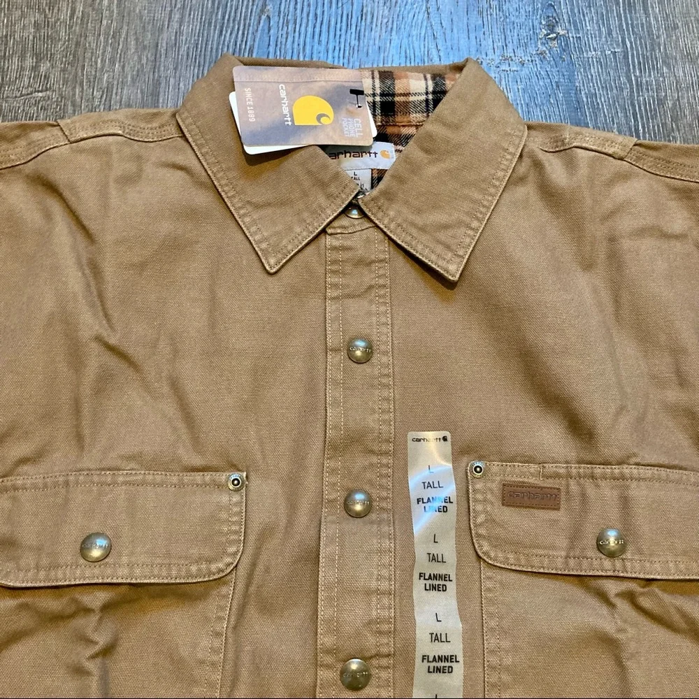 Carhartt Men’s Canvas Shirt Jacket Flannel Lined Long Sleeve Tan Tall Large NWT - Picture 2 of 15